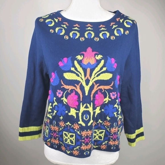 Anthropologie HWR Blue Cropped Sweater Embroidered - Picture 2 of 12